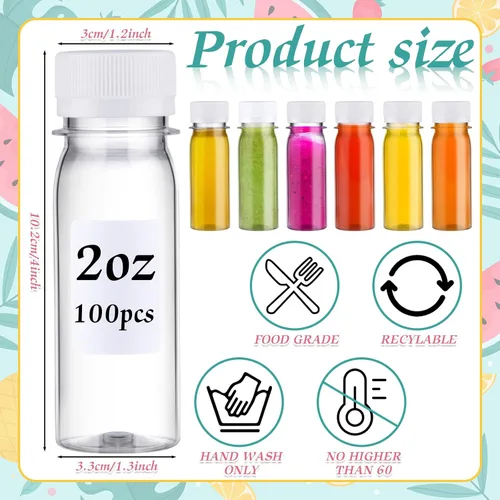 Vista 2 de FoldTier 100 botellas de plástico para chupitos de jugo con tapas, botellas pequeñas de chupitos de jengibre transparentes para líquidos, tarros