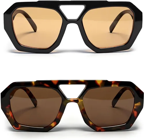 Vista 9 de VISOONE Oversized Flat Top Sunglasses for Men Women Retro Square Aviator Double Bridge Shades UV400 Non-Polarized Renny Negro marrón
