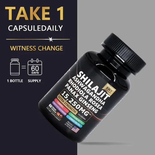 Vista 5 de Suplemento shilajit puro con ashwagandha, ginseng, rhodiola rosea, hongo cordyceps, ginkgo biloba, ortiga picante, cúrcuma, suplemento 8 en 1