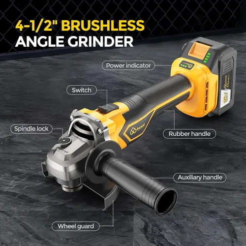 Vista 4 de Amoladora angular inalámbrica sin escobillas, kit de caja de herramientas de amoladora angular de 21 V, con baterías de litio de 2 x 4.0 Ah