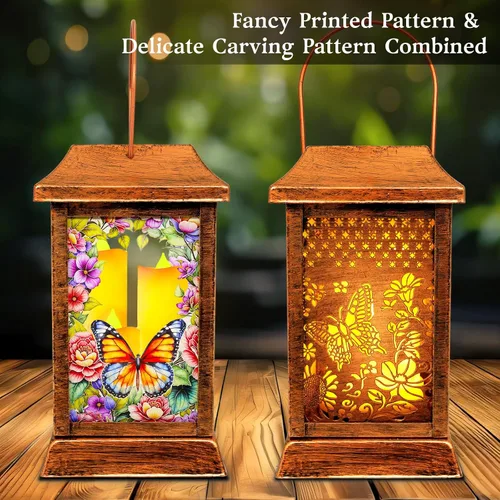 Vista 2 de Linternas solares de mariposa al aire libre impermeables, luces colgantes de metal y vidrio para decoración de jardín, regalos de cumpleaños