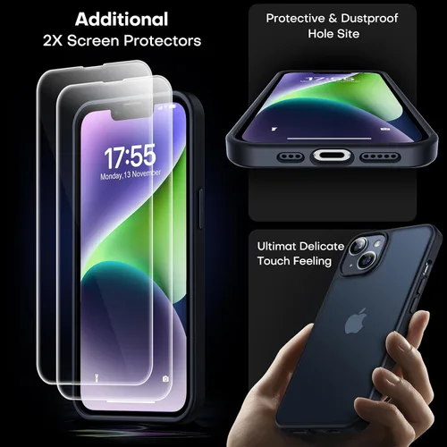 Vista 2 de L K LϟK for iPhone 13 Case, [3 in 1] 1X Translucent Matte Case with 2X Screen Protector, [Military-Grade Drop Tested] Shockproof Anti-Fingerprint