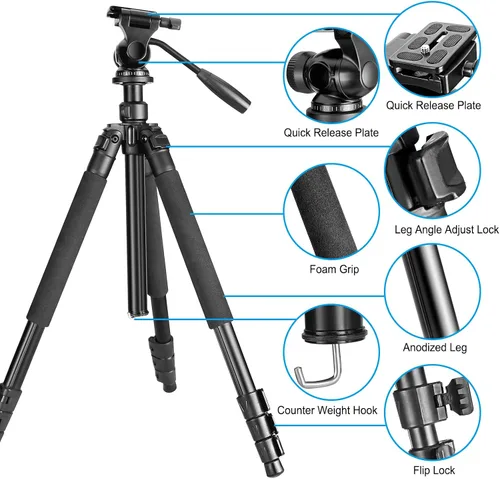 Vista 12 de CelticBird Trípode portátil de viaje de 64.5 pulgadas, compatible con cámaras SLR, teléfonos celulares, binoculares, visores de observación