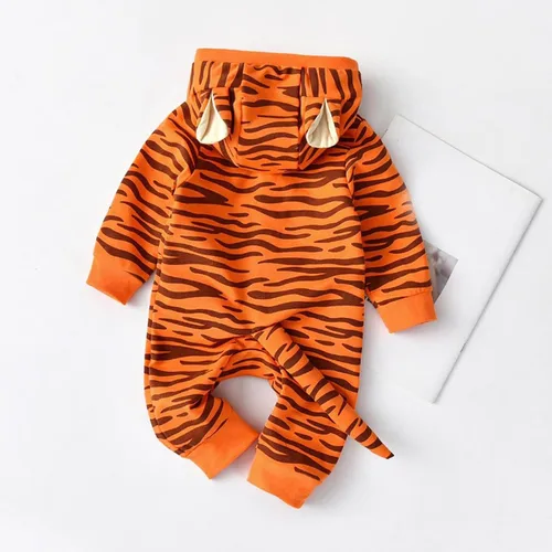 Vista 2 de Chaquetas de otoño e invierno para niños, disfraz de tigre naranja con capucha y cola para bebé, mono para niño