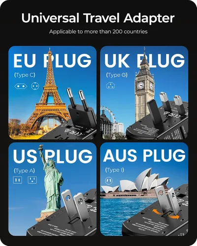 Vista 2 de LENCENT Adaptador de corriente de viaje universal, adaptador de enchufe de CA internacional con 2 puertos USB C 2 USB A, cargador de pared para Negro