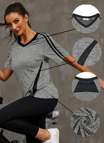 Vista 3 de HOCOSIT Camisetas de yoga para mujer, ropa deportiva, cuello en V, para entrenamiento, ejercicio, correr, secado