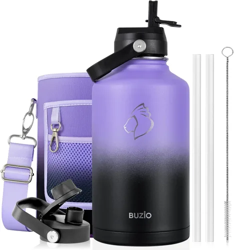 Vista 114 de BUZIO Botella de agua aislada de 24 oz, frasco de agua de boca ancha de acero inoxidable con tapa de pajita, frío durante 48 horas a prueba de Negro