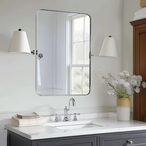 Vista 18 de Espejo giratorio Moon Mirror de oro cepillado, espejo inclinable de latón para tocador rectangular para baño, medidas totales 24.33 x 28 pulgadas