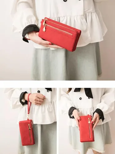 Vista 7 de Aslana Cartera larga de cuero suave con correa de mano bolso de embrague para las mujeres multi función tarjetero teléfono bolsa, #04 Rojo