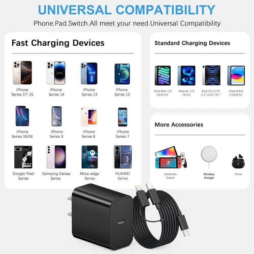 Vista 4 de Cargador de carga rápida para iPhone 17, 16, 15, paquete de 3 cargadores USB C, cable Lightning de 6 pies y cable USB C tipo C para iPhone 17/17