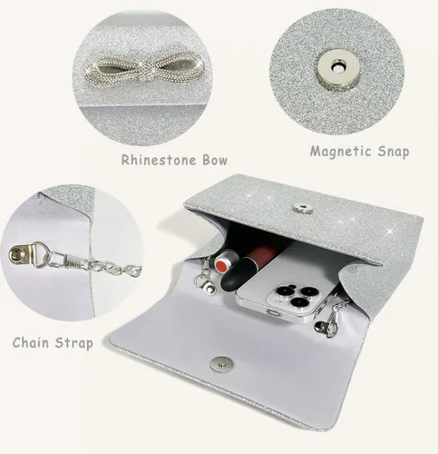 Vista 3 de Bolso de noche con lazo brillante para mujer, con purpurina, con strass, bolso de mano, para cóctel, de graduación, de fiesta, de boda