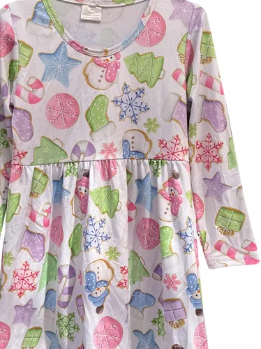 Vista 3 de Vestido de Navidad para niña pequeña, muñeco de nieve, árboles de Navidad, camión, a cuadros, reno, Papá Noel, vestido de invierno hasta la rodilla
