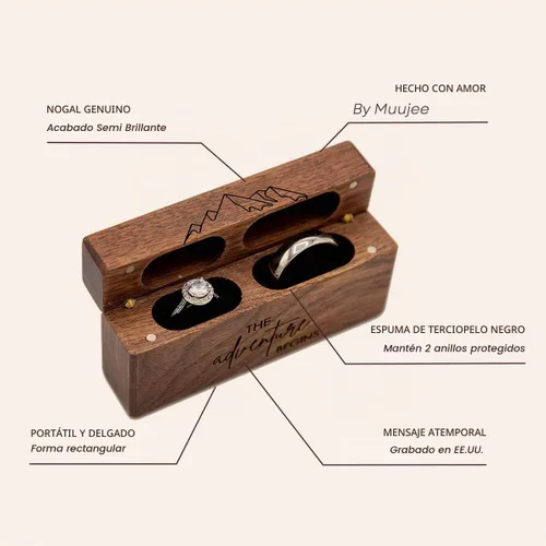 Vista 2 de MUUJEE The Adventure Begins - Caja de doble anillo – Caja de madera delgada grabada para boda, ceremonia de compromiso, propuesta de anillo – Ideas