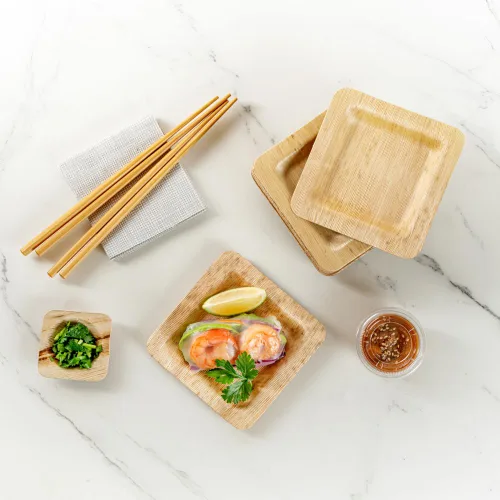 Vista 6 de Restaurantware Bambuddha - Platos de bambú de 4.7 x 4.7 pulgadas, 100 platos duraderos para aperitivos, platos desechables de bambú