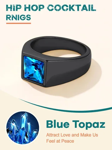 Vista 5 de Supcare Anillo cuadrado con sello de piedra preciosa para hombre, topacio azulanillo de cóctel onxy negro, ajuste cómodo, tallas 7 a 14, joyería