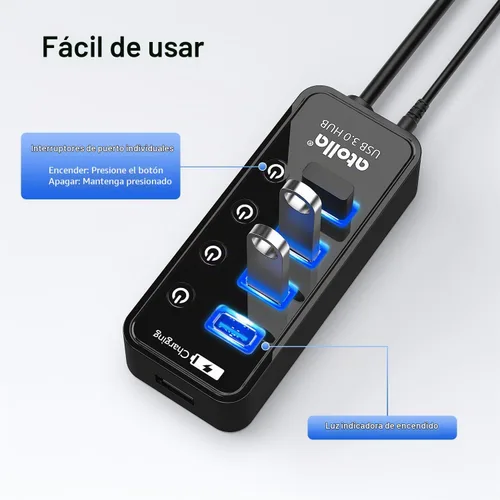 Vista 5 de Atolla Hub USB 3.0 de 4 puertos con 4 puertos de datos, 1 puerto de carga inteligente, interruptores individuales de encendido/apagado y adaptador