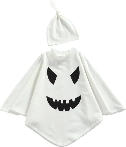 Vista 7 de Disfraz de Halloween para bebé, niña, niño, capa de fantasma, capa con estampado de mueca y sombrero, traje de cosplay B-blanco Smiley Capa Con