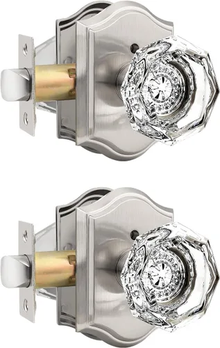 Vista 12 de Gobrico Juego de pomos de puerta de vidrio transparente para interiores, cerradura de puerta de cristal de diamante de privacidad en latón antiguo
