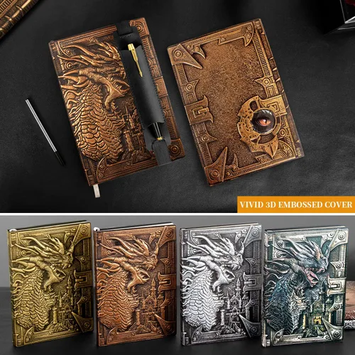 Vista 6 de DND - Cuaderno de Dungeon and Dragon de cuero en relieve 3D, diario de dragón con bolígrafo negro y funda para bolígrafo, diario de viaje vintage