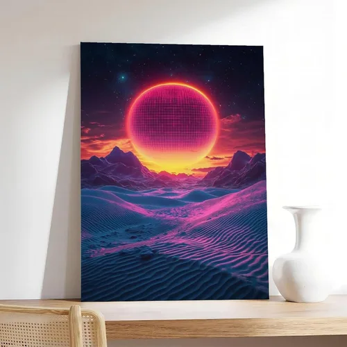 Vista 7 de Synthwave Wall Art Print – Neon Retro Sunset with Minimal Moon, Perfect for Office Or Studio Decor Poster Print Decorative Painting Canvas Wall Art