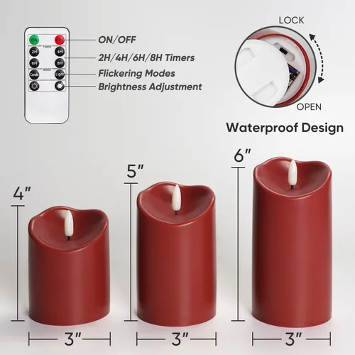 Vista 6 de Homemory Velas sin llama color burdeos, velas parpadeantes impermeables sin llama, velas LED de pilar para exteriores operadas por batería