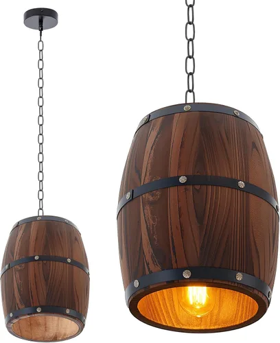 Vista 8 de Copkim Lámpara colgante de barril de vino de madera rústica con cadena ajustada, lámpara colgante antigua E26 lámpara de techo para bar, cocina