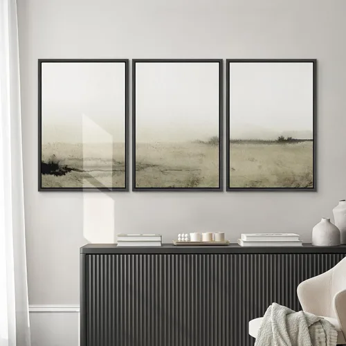 Vista 589 de SIGNWIN Lienzo enmarcado para pared, juego de arte pastel con cadena montañosa, bosque, niebla, naturaleza silvestre, ilustraciones modernas, arte