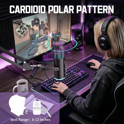 Vista 6 de Microfono para juegos, micrófono condensador USB para PC, PS4/5 y Mac, micrófono de computadora con cancelación de ruido, silencio, reverberación