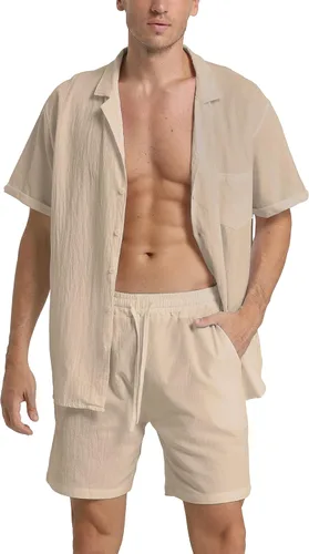 Vista 16 de RPOVIG Conjunto corto de camisa de lino: conjunto casual de 2 piezas con botones para hombre
