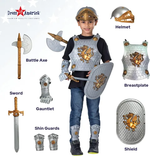 Vista 2 de Dress Up America Juego de armadura de caballero para niños, escudo medieval y casco, disfraz de caballero real para niños