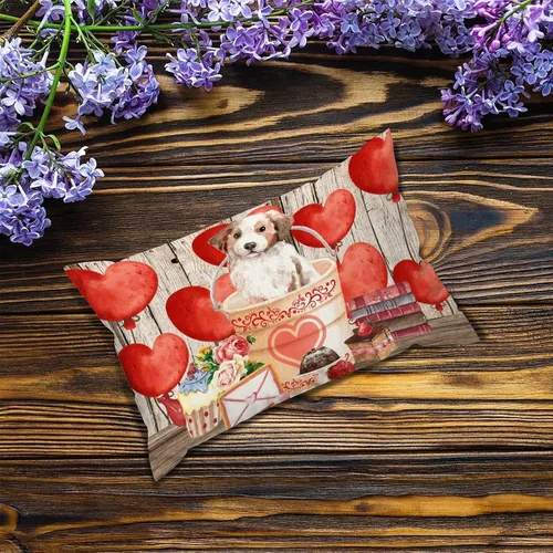 Vista 4 de Fundas de almohada lumbar con textura de madera rústica para perro en cubo, diseño de corazón rojo para el día de San Valentín, fundas de almohada