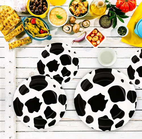 Vista 6 de 150 piezas de suministros de fiesta con estampado de vaca, juego de vajilla con estampado de vaca de granja que incluye platos de papel de vaca de 9