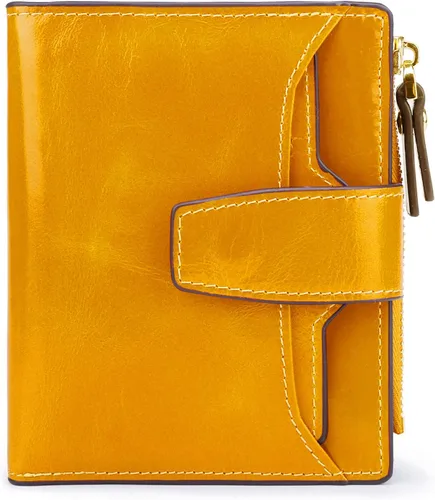 Vista 10 de Cartera de cuero con bloqueo RFID para mujer, pequeña, compacta, doble cremallera, con ventana para identificación