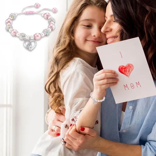 Vista 5 de HGDEER Pulsera de unicornio para hijanietasobrina Pulsera de perlas rosas y bolas de diamantes de imitación Longitud ajustable Adecuado