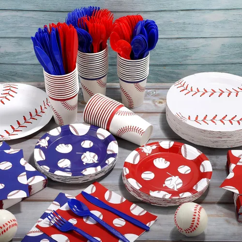 Vista 4 de Kochorie Juego de vajilla desechable de béisbol de 400 piezas, suministros para fiestas de béisbol con platos, tazas, servilletas, cubiertos para 50