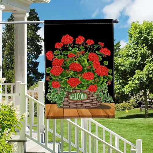 Vista 3 de Fukeen Bandera de bienvenida con flores rojas de doble cara, 28 x 40 pulgadas, fondo negro con geranio, amapola floral, hojas verdes, plantas