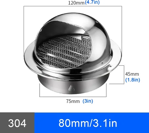 Vista 4 de Tapa de ventilación de aire de acero inoxidable 304, cubierta de salida de ventilación de pared redonda, tapa de lluvia para tubo de escape