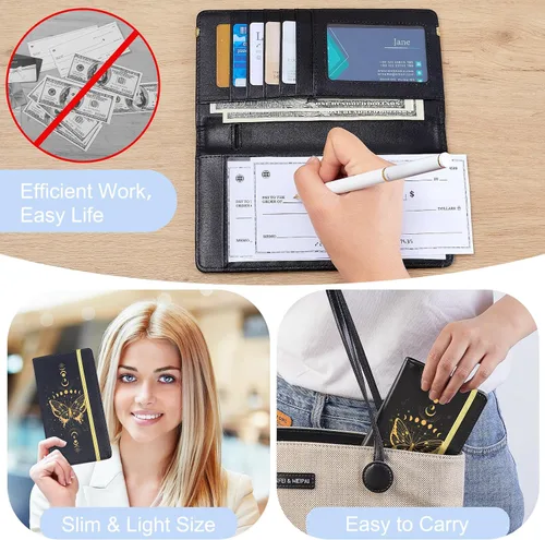 Vista 5 de Funda para chequera personal, cartera RFID con soporte para bolígrafo y divisor de plástico transparente integrado para cheques duplicados, Negro