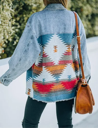 Vista 3 de Haellun Chaqueta azteca de manga larga con solapa y botones para mujer