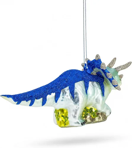 Vista 3 de Adorno navideño de cristal de dinosaurio con purpurina