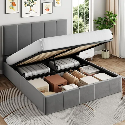 Vista 9 de SHA CERLIN - Marco de cama de almacenamiento elevable, tamaño matrimonial, con cabecero, color negro Cabecera ajustable, almacenamiento hidráulico