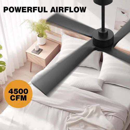 Vista 7 de WINGBO Ventilador de techo CC de 48 pulgadas sin luces, 4 aspas de madera maciza tallada, motor CC reversible de 6 velocidades, ventilador de techo