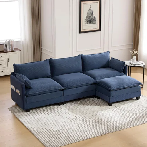 Vista 19 de Sofá seccional en forma de U de gran tamaño con asiento profundo de pana con marco de madera maciza, sofá modular cómodo moderno con reposabrazos