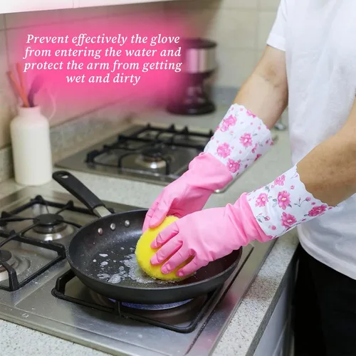 Vista 5 de 2 pares de guantes de limpieza de goma para el hogar, cocina, lavavajillas, guantes de puño largo con forro flocado de algodón, reutilizables
