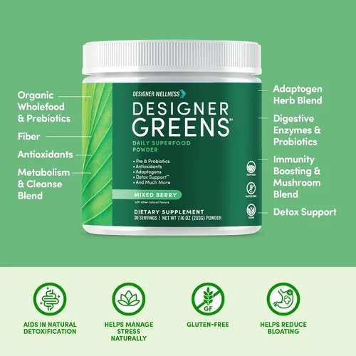Vista 2 de Designer Wellness, Designer Greens Superfood en polvo con prebióticos, probióticos, antioxidantes y soporte para la desintoxicación, 30 porciones