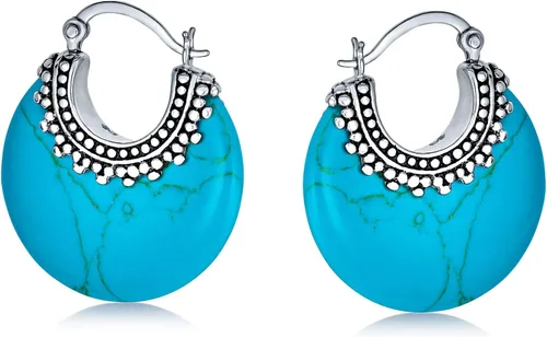 Vista 2 de Aretes de aro redondos de media luna con forma de ónix, turquesa y lapislázuli, estilo tribal occidental, para mujer, cuentas de caviar, milgrain