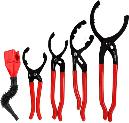Vista 9 de Juego de 4 piezas de alicates para filtro de aceite, llave de filtro de aceite de 3 mandíbulas con embudo de ajuste para aceite, alicates