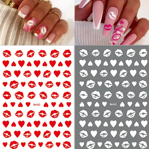 Vista 4 de 10 hojas de calcomanías de arte de uñas para el día de San Valentín, calcomanías de labios sexys 3D, holográficas de corazón, autoadhesivas, diseño