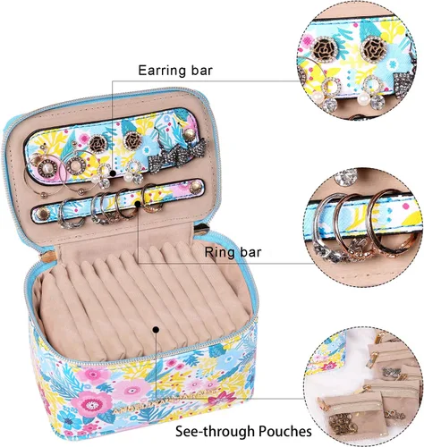 Vista 4 de Angelina's Palace Estuche organizador de joyas, regalos de dama de honor, bolsa de viaje, caja de cuero vegano para collar, aretes, pulsera, anillo