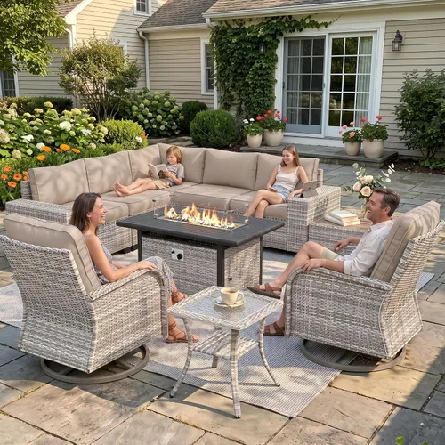 Vista 58 de Muebles de patio al aire libre conjunto PE mimbre ratán al aire libre sofá seccional Gris